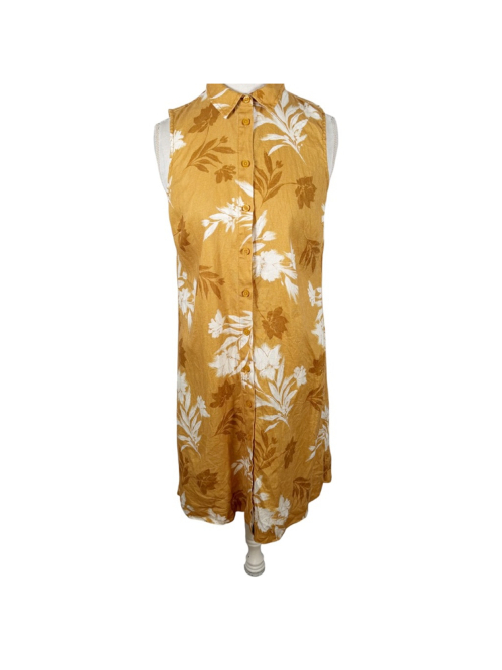 Garnet Hill Ochre Floral Sleeveless European Flax Linen Shirtdress Beachy size 6 - Picture 2 of 10